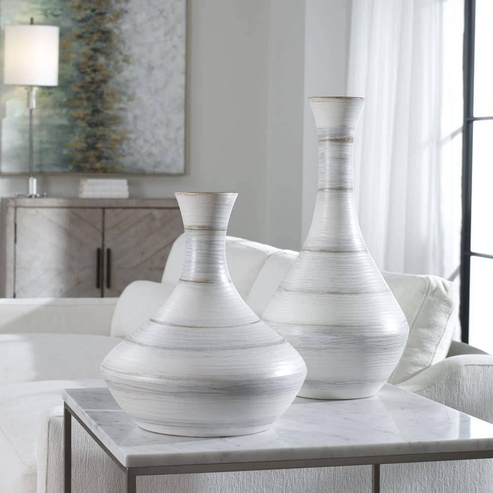 Uttermost Potter Striped Ivory Blue Ceramic Vases Set of 2