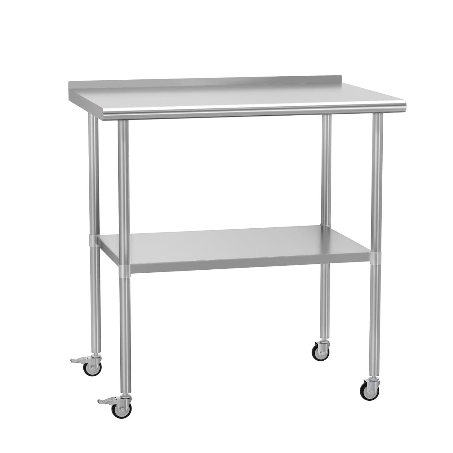 36"x24" Stainless Steel Kitchen Work Prep Table Commercial Workbench With Wheels