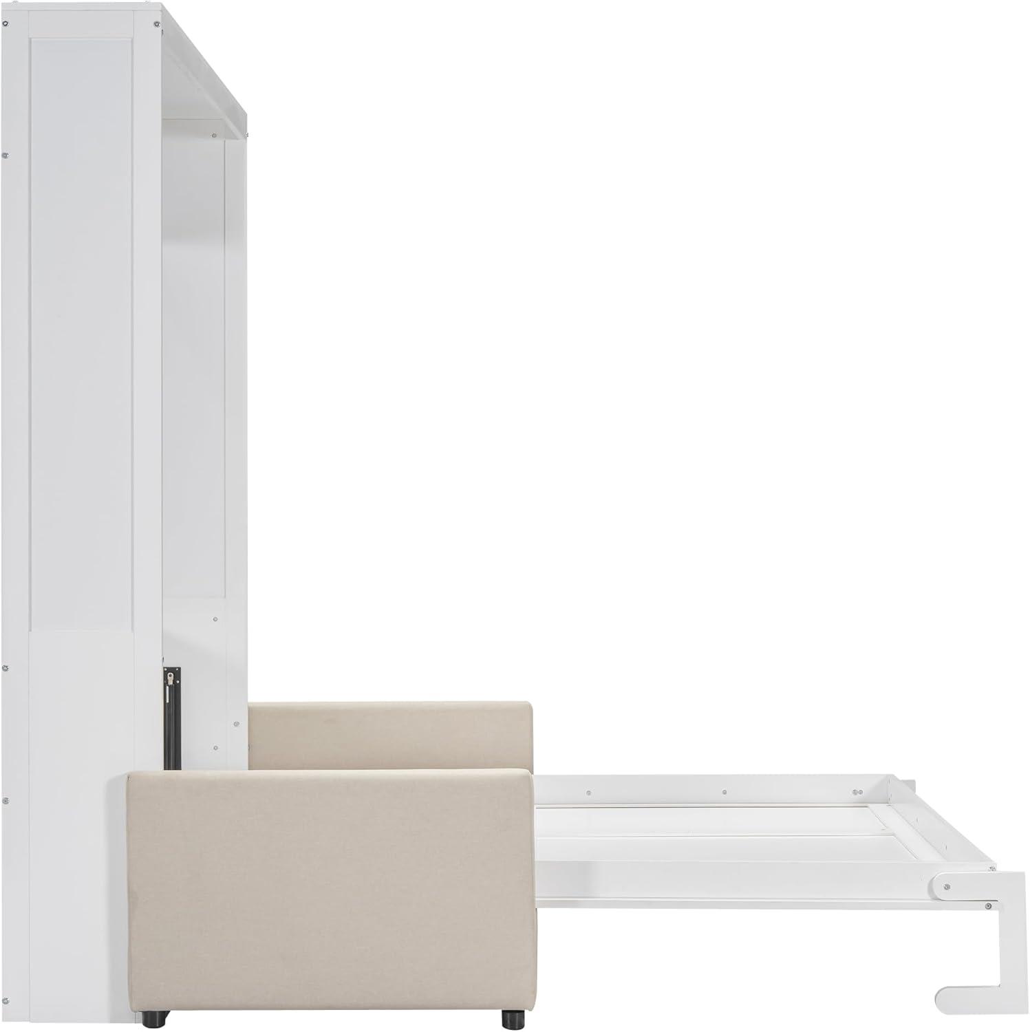 LZ LEISURE ZONE Queen Size Murphy Bed, Wooden Queen Murphy Wall Bed with Cushion and Sofa, for Home Office or Small Room, White