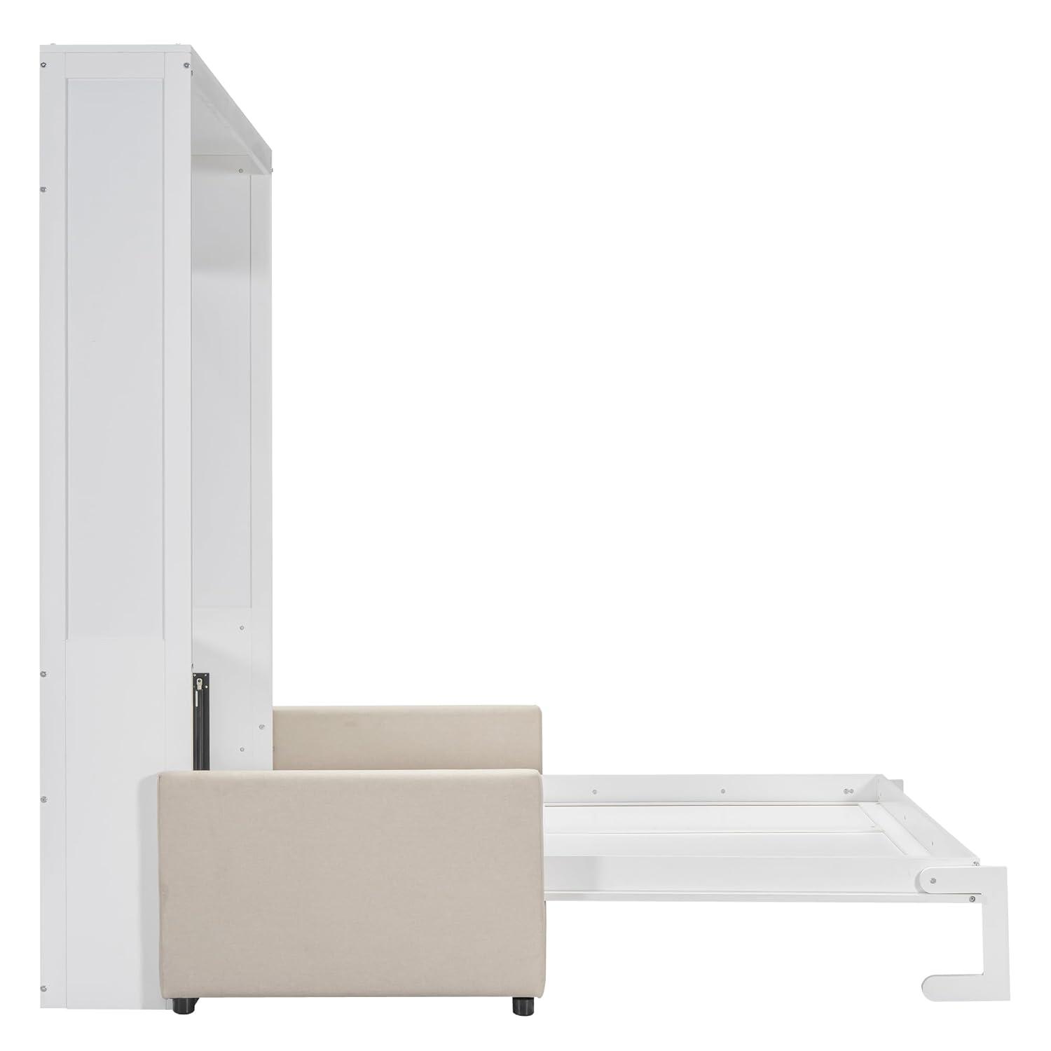 LZ LEISURE ZONE Queen Size Murphy Bed, Wooden Queen Murphy Wall Bed with Cushion and Sofa, for Home Office or Small Room, White