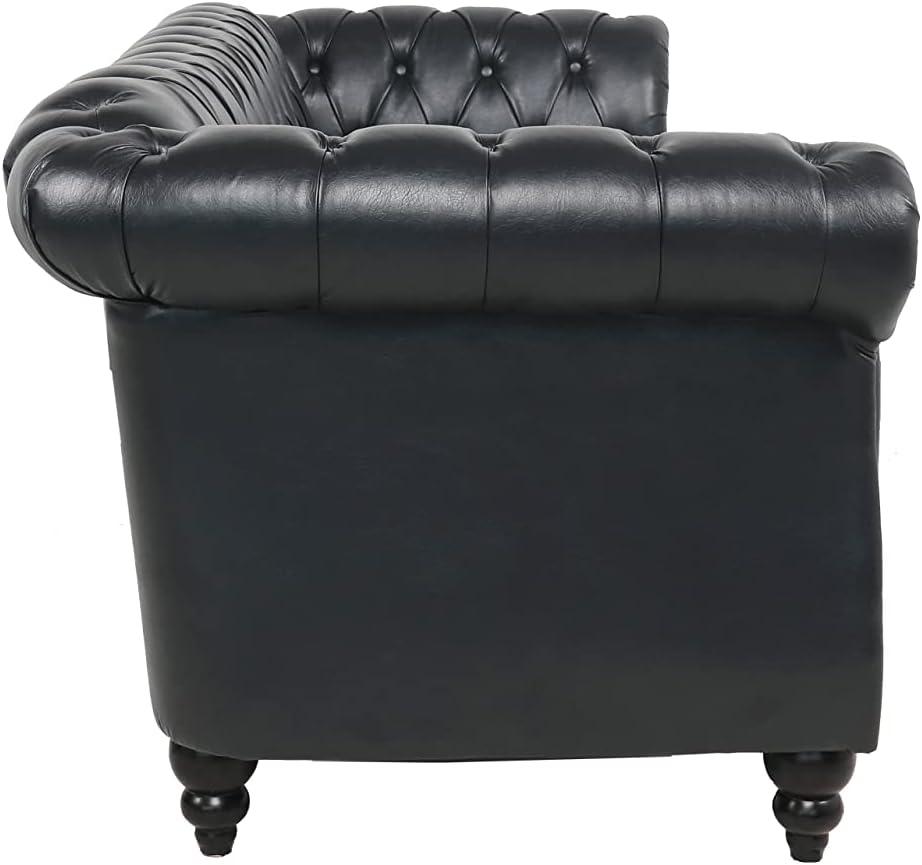 Gewnee Button Tufted Sofa,PU Leather 3 Seater Sofa Couch with Rolled Arms and Nailhead Trim,Black