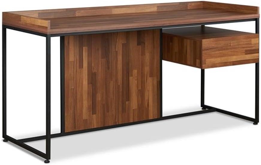 Wooden Top Desk With Rectangular Metal frame Walnut Brown and Sandy Black - Saltoro Sherpi