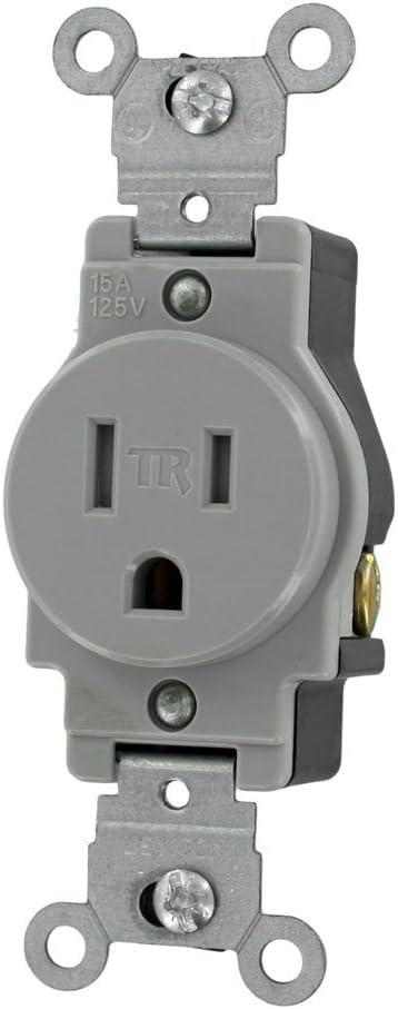 Leviton Commercial Grade, Grounding, 15 Amp, 125 Volt, 2P, 3W, Narrow Body Single Receptacle, Straight Blade, Tamper Resistant, T5015-GY, Gray