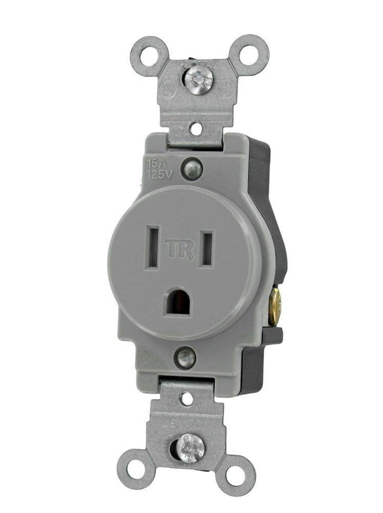 Leviton Commercial Grade, Grounding, 15 Amp, 125 Volt, 2P, 3W, Narrow Body Single Receptacle, Straight Blade, Tamper Resistant, T5015-GY, Gray