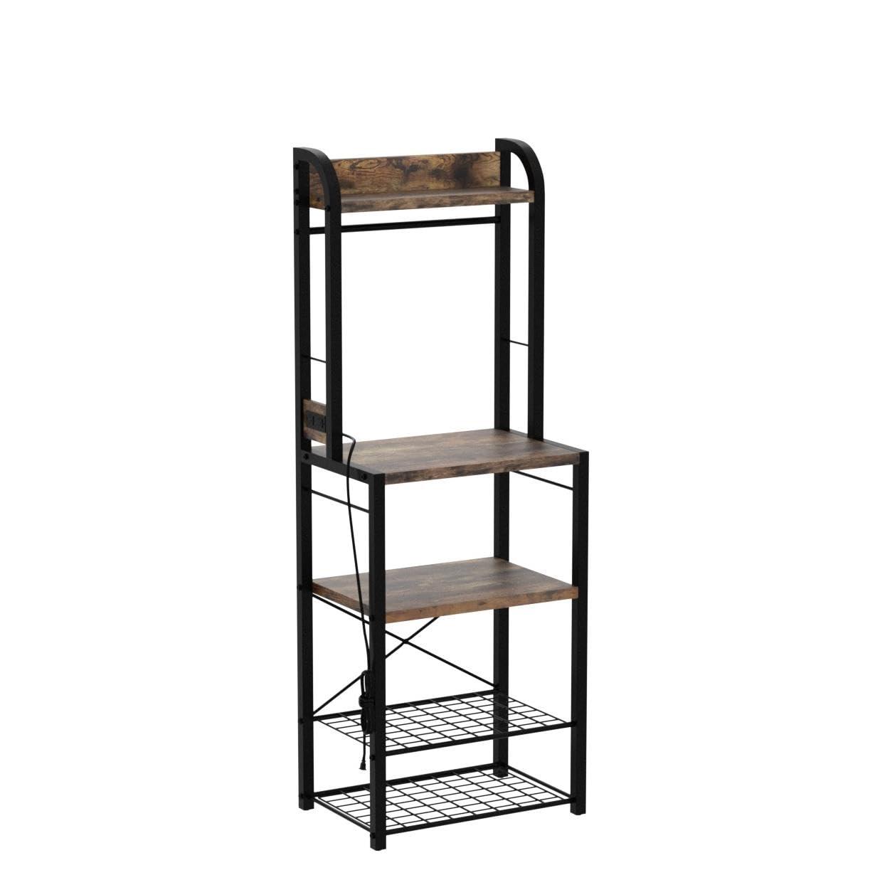 Whizmax Bakers Rack with Power Outlet, Industrial Microwave Stand, Coffee Bar Table Station with Metal Wire Panel, Kitchen Storage Rack with 8 Hooks, Rustic Brown