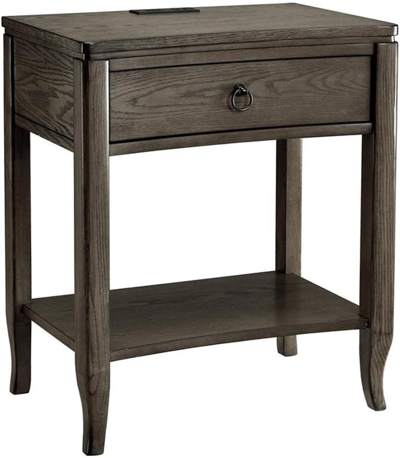 Leick Home 9077-GR Annette Oak Drawer Nightstand Side Table with Top AC/USB Outlet and Shelf, Smoke Gray