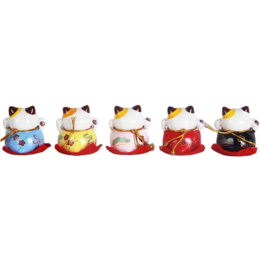EatingBiting Set of 5 Japanese Ceramics Maneki Neko Lucky Cat Figurines Waving Upright Fortune Cat Figurines Cute Smiley Waving Upright Lucky Fortune