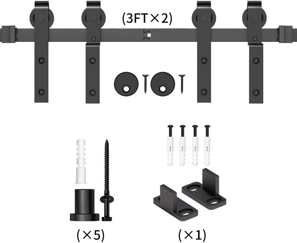 skysen 6FT Heavy Duty Sliding Barn Door Hardware Single Track Bypass Double Door Kit Black(Bypass J Shape-1)