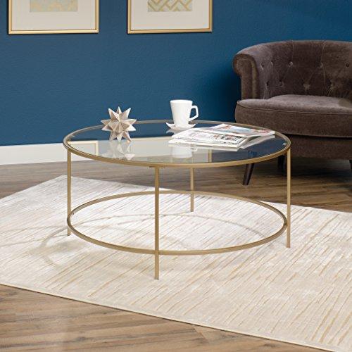 Luxurious Satin Gold 38" Round Coffee Table with Glass Top