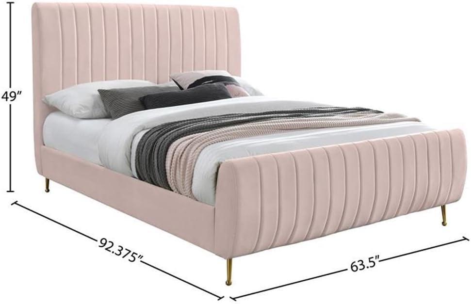 Pink Velvet Queen Bed with Tufted Upholstered Headboard