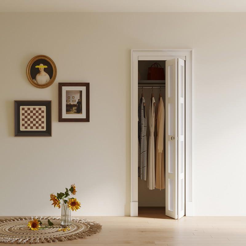 EASELIFE Frosted Glass And Solid Manufactured Wood Bi-Fold Door With Installation Hardware Kit
