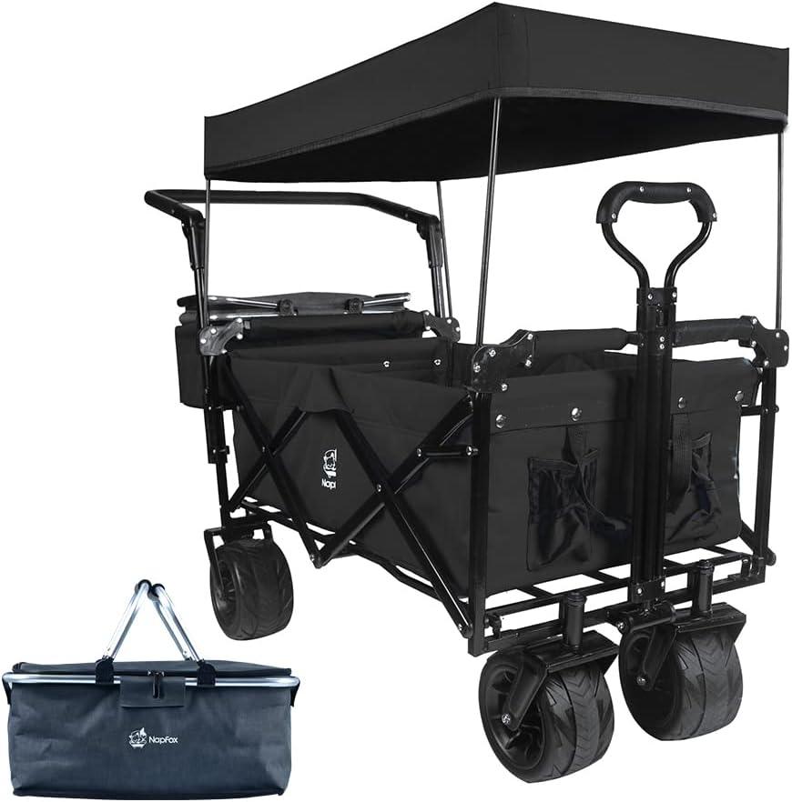 Large Collapsible Wagon Cart with Removable Canopy, Heavy Duty Folding Beach Wagon with Big Wheels, Adjustment Push Handle&Rear Brakes,Cooler Bag, Utility All-Terrain Wagon for Garden Shopping Camping