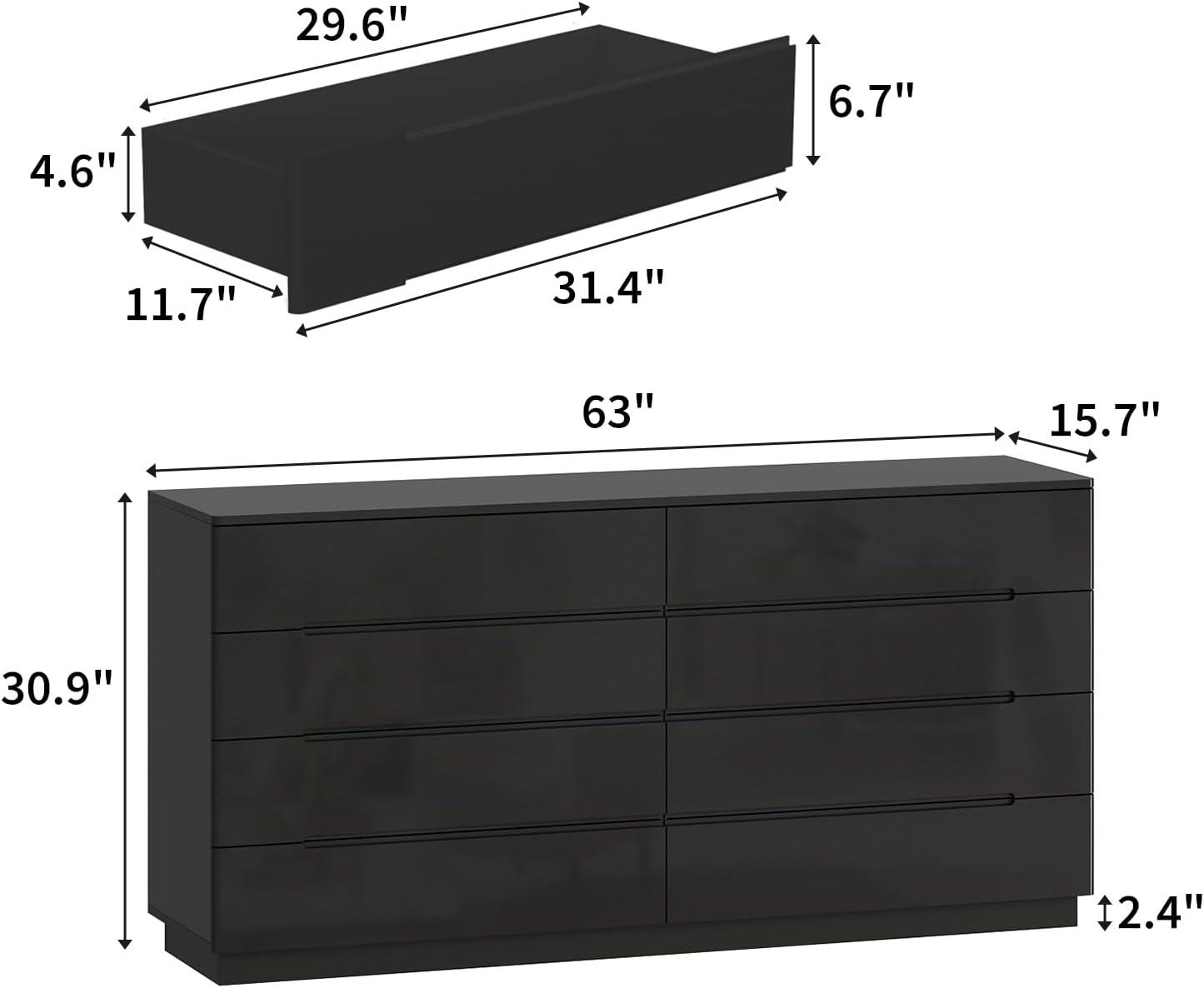 Black 8-Drawer 63 in. W Wood Double Dresser Chest of Drawers Bedroom Storage Organizer in With High Gloss and LED Lights