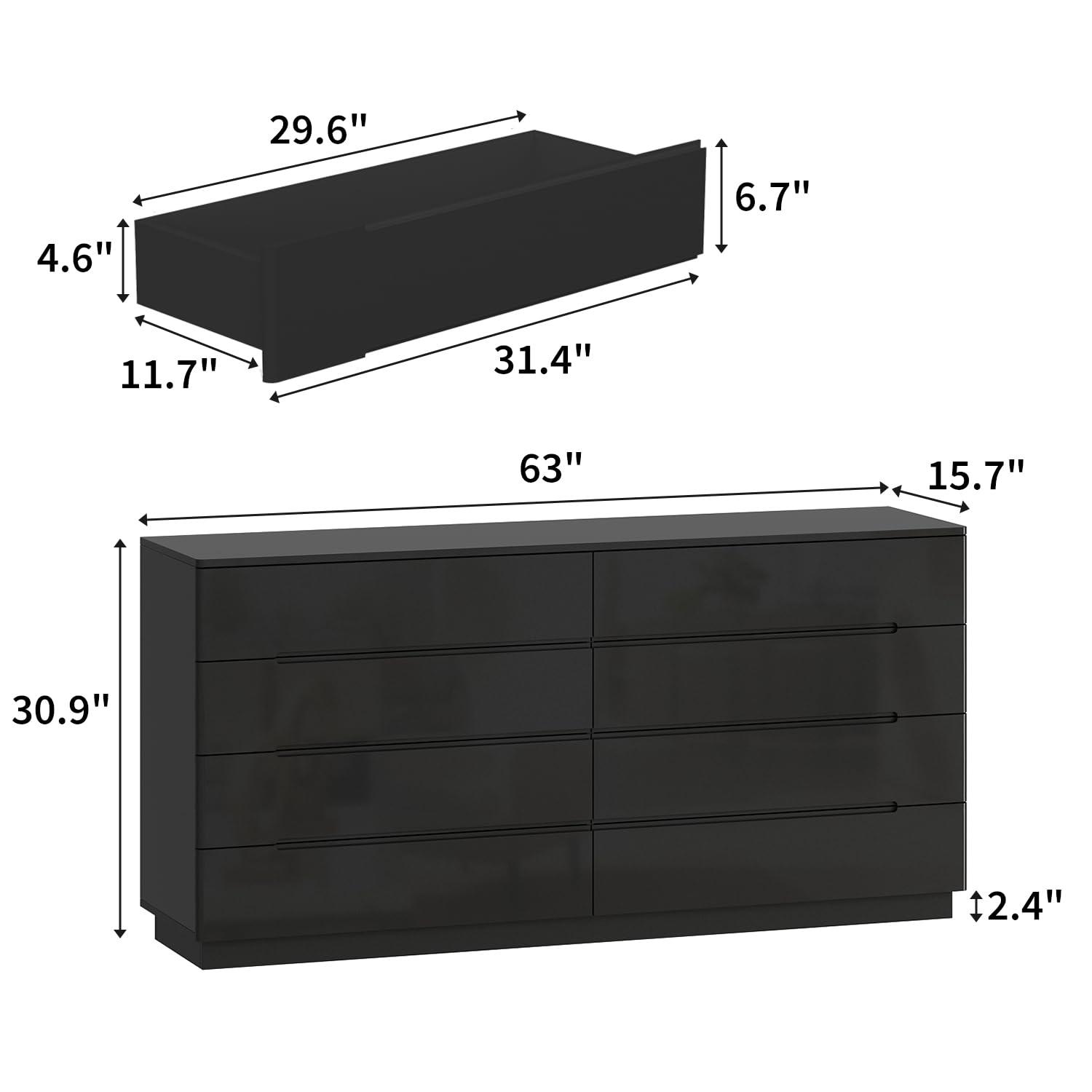 Black 8-Drawer 63 in. W Wood Double Dresser Chest of Drawers Bedroom Storage Organizer in With High Gloss and LED Lights