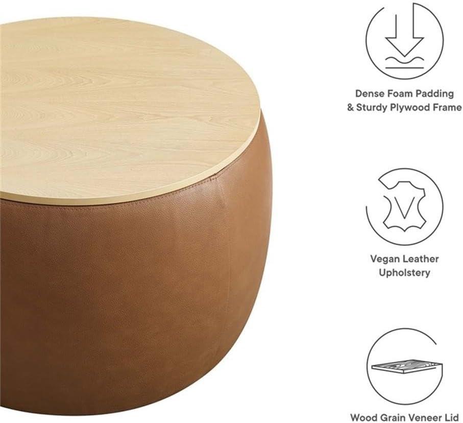 Modway Perla Round Vegan Leather Storage Ottoman in Tan