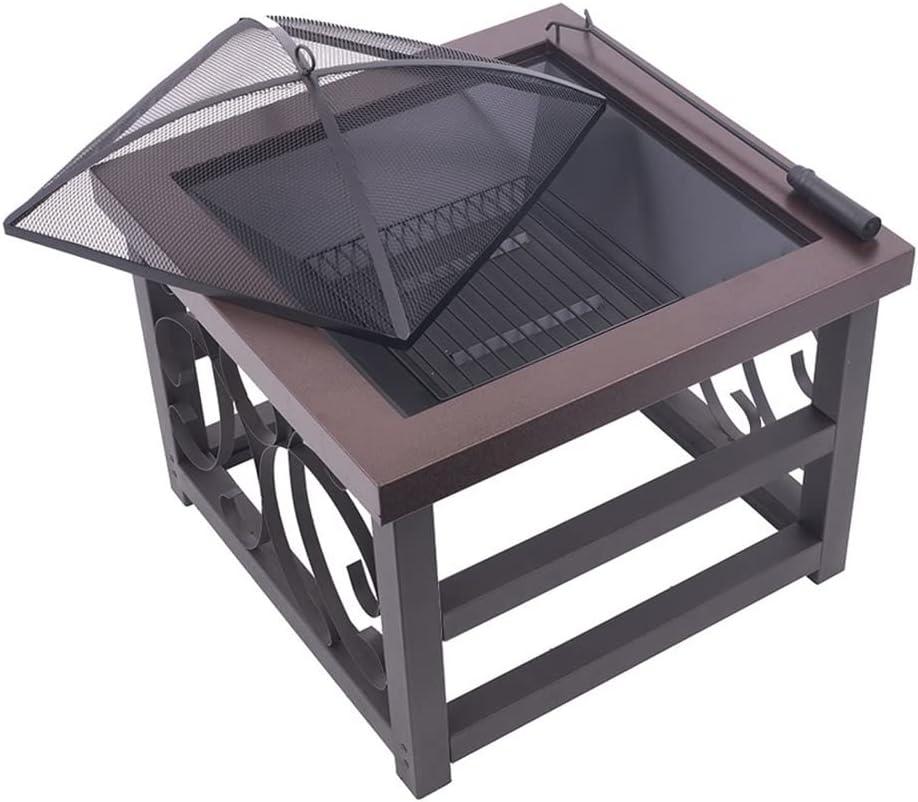 Blue Sky Outdoor Living 28” Square Raised Scroll Fire Pit with Log Grate, Spark Screen, and Lift, Tabletop-Style Steel Fire Pit, Bronze
