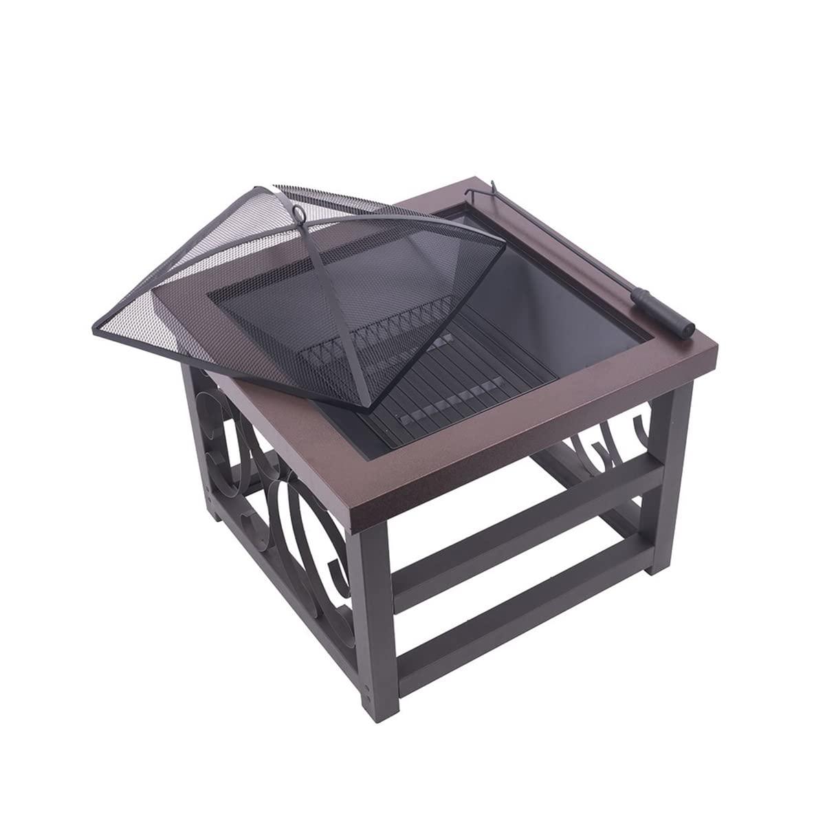 Blue Sky Outdoor Living 28” Square Raised Scroll Fire Pit with Log Grate, Spark Screen, and Lift, Tabletop-Style Steel Fire Pit, Bronze