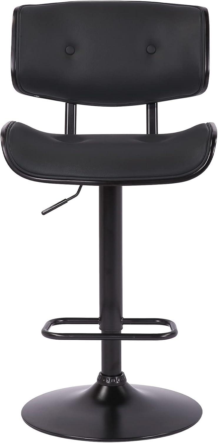 Adjustable Black Tufted Faux Leather and Black Wood Swivel Barstool.