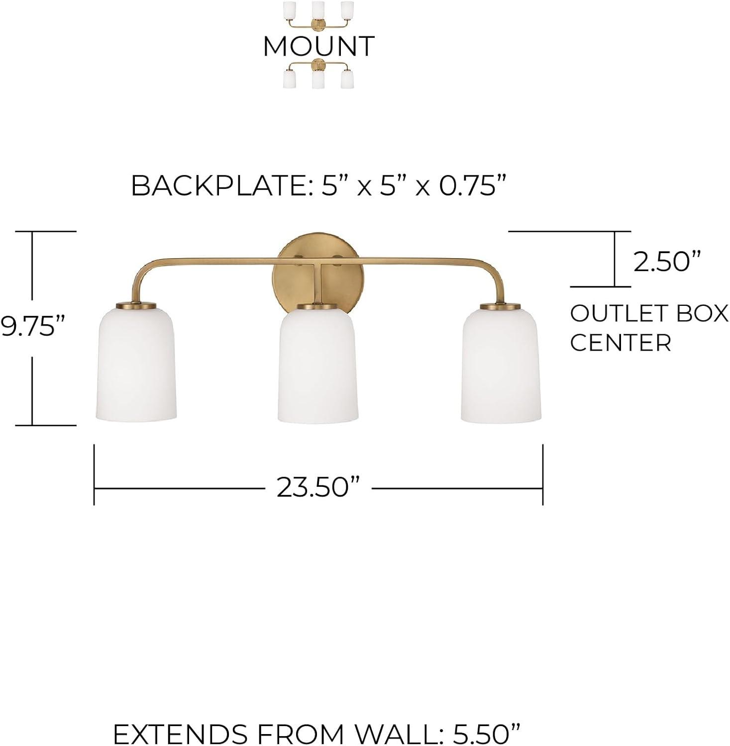 Aged Brass 3-Light Vanity with Soft White Glass Shades