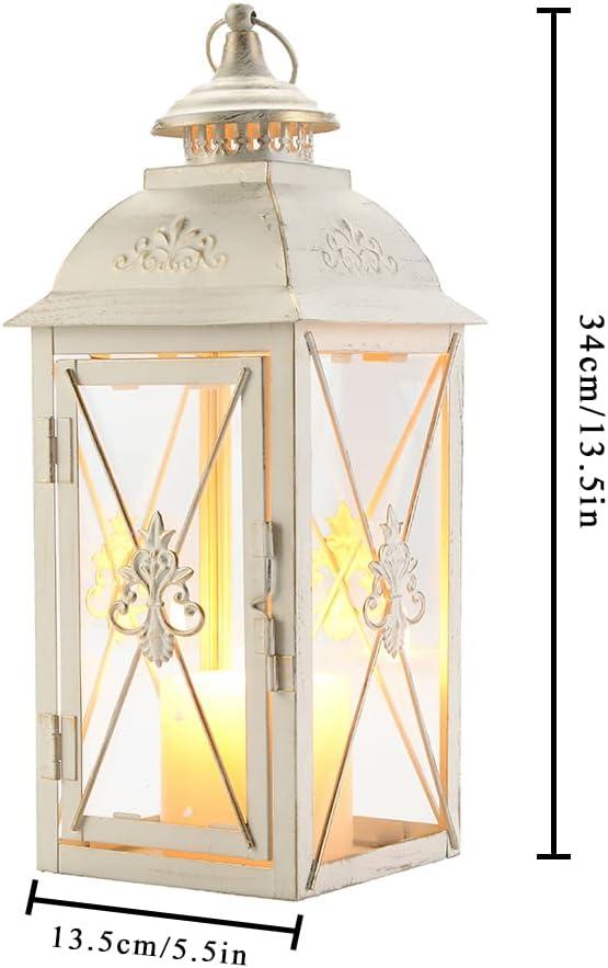 Vintage Hanging Lantern - 13.5'' Decorative Metal & Tempered Glass Candle Holder - Ideal for Indoor/Outdoor Events, Patio, Garden, Parties - Elegant Design with White & Gold Brush Finish