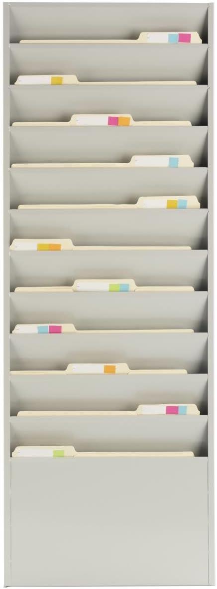 Office File Folder Wall Rack, 11 Tiered Pockets, Medical Chart Folders (Gray, Powder Coated Steel) (JMFF11PTY)