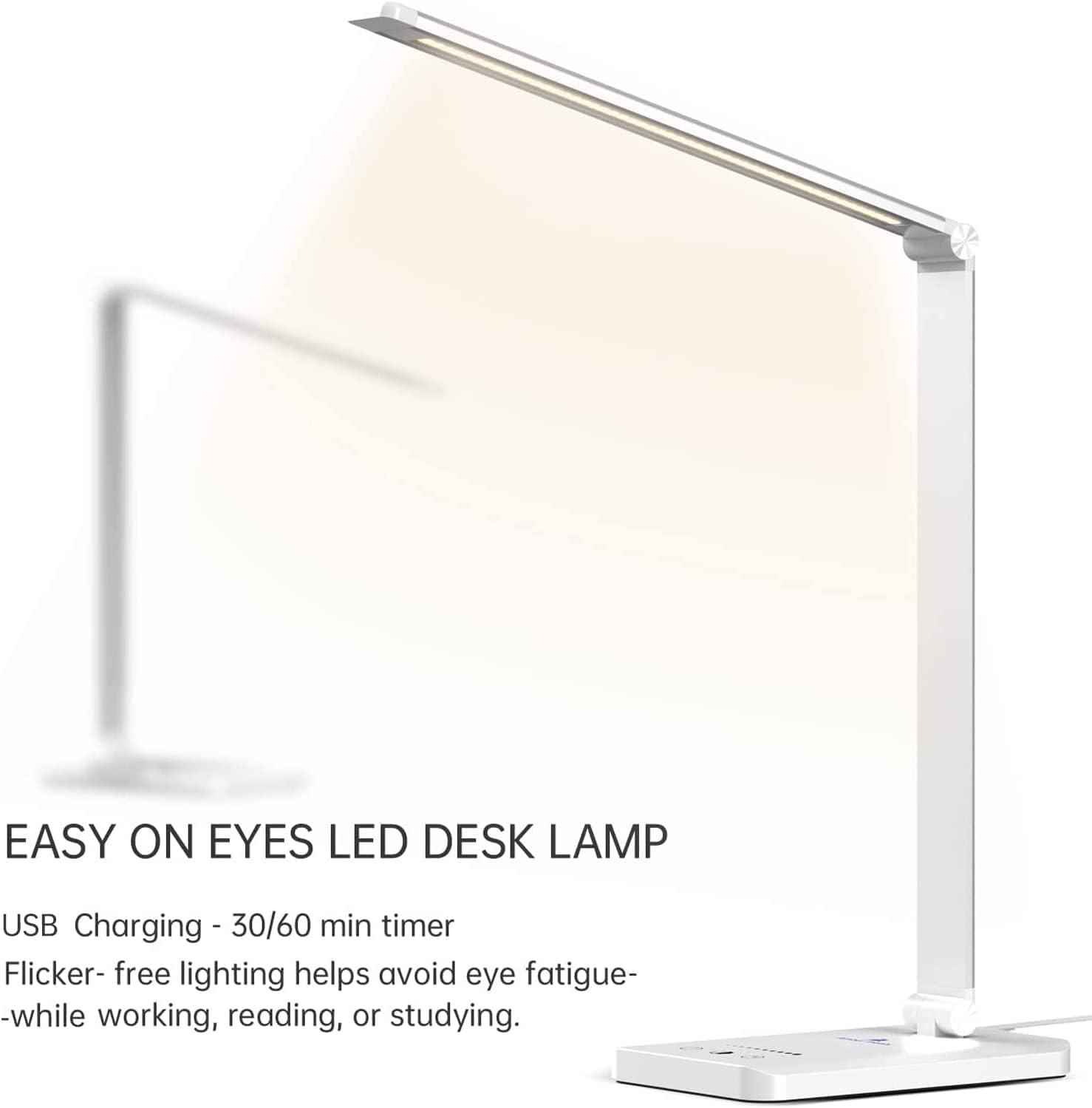 White LED Desk Lamp with USB Charging Port and Touch Control