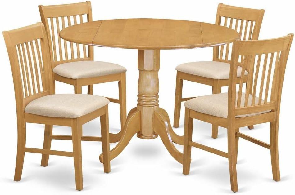 Oak 5-Piece Round Drop Leaf Dining Set with Linen Upholstered Chairs