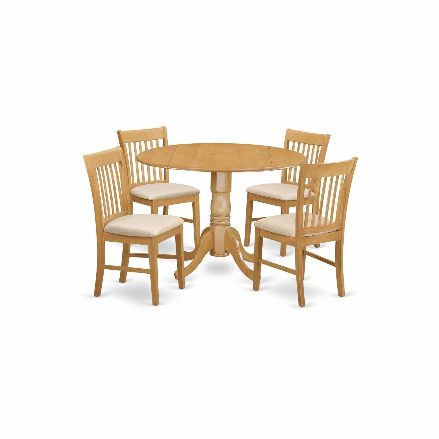Oak 5-Piece Round Drop Leaf Dining Set with Linen Upholstered Chairs