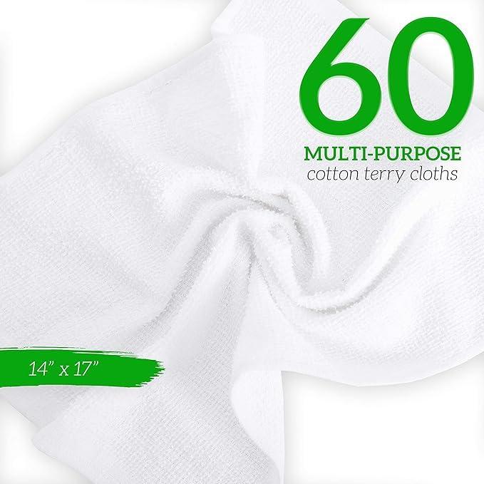 GREEN LIFESTYLE Terry Towels, White Rags, Bar Towels 100% Cotton Absorbent and Durable, Multipurpose Cleaning Rags, Cotton Cleaning Rags, Kitchen Rags, Reusable Shop Rags (14”x17”, Pack of 60)