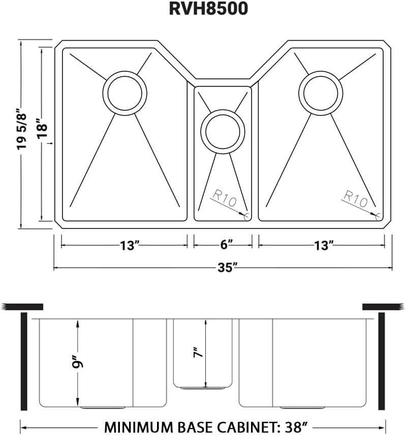 Ruvati 35" Triple Bowl Undermount 16 Gauge Stainless Steel Kitchen Sink