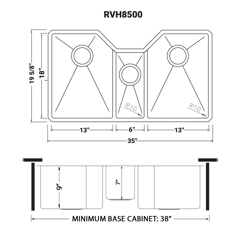Ruvati 35" Triple Bowl Undermount 16 Gauge Stainless Steel Kitchen Sink