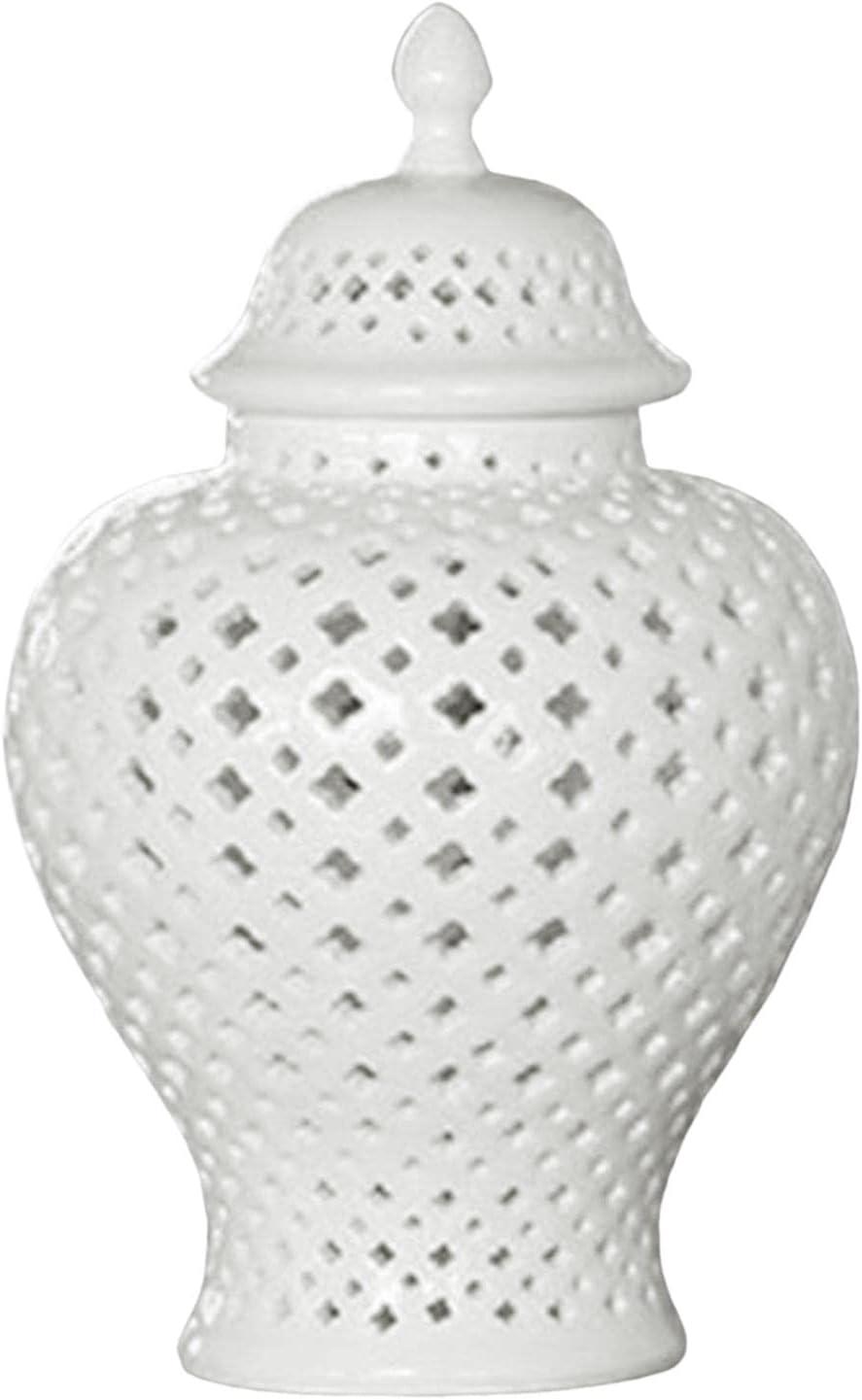 White Ceramic Lattice Ginger Jar with Lid, 10.83 Inch