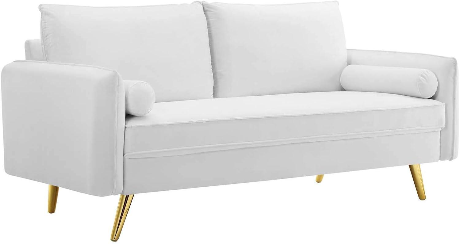 Revive Performance Velvet Sofa White - Modway: Upholstered Couch with Gold Legs & Bolster Pillows