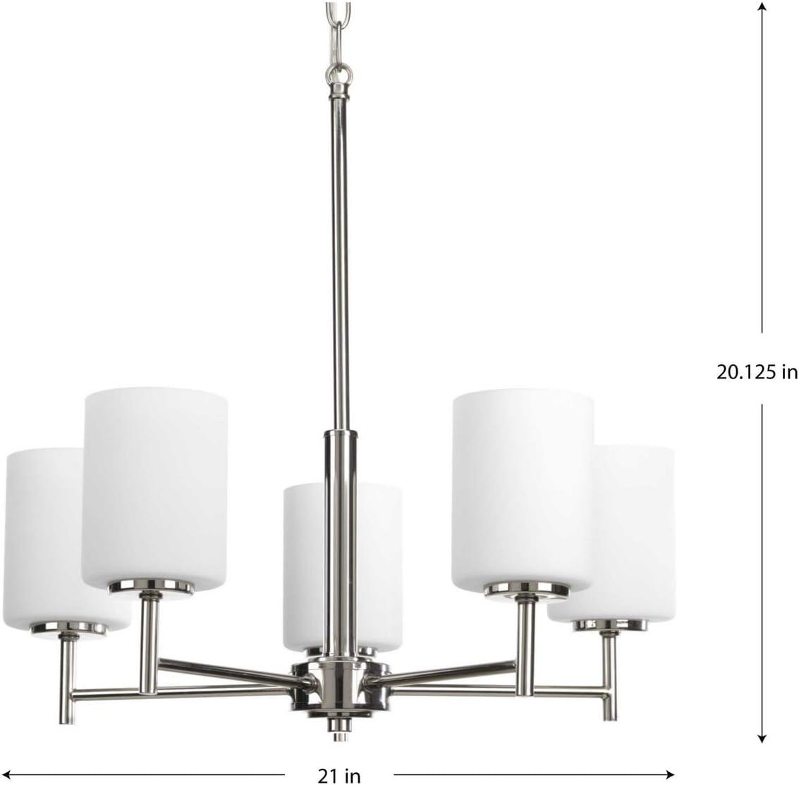 Progress Lighting Replay 5-Light Chandelier, Steel, Polished Nickel, White Glass Shades