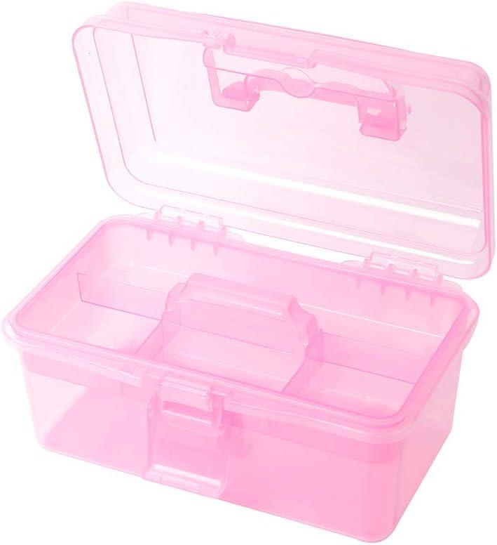 BangQiao Multipurpose Plastic Storage Container Organizer Box Case with Removable Tray and Handle for Art, Craft, Sewing Supplies, Clear&Pink