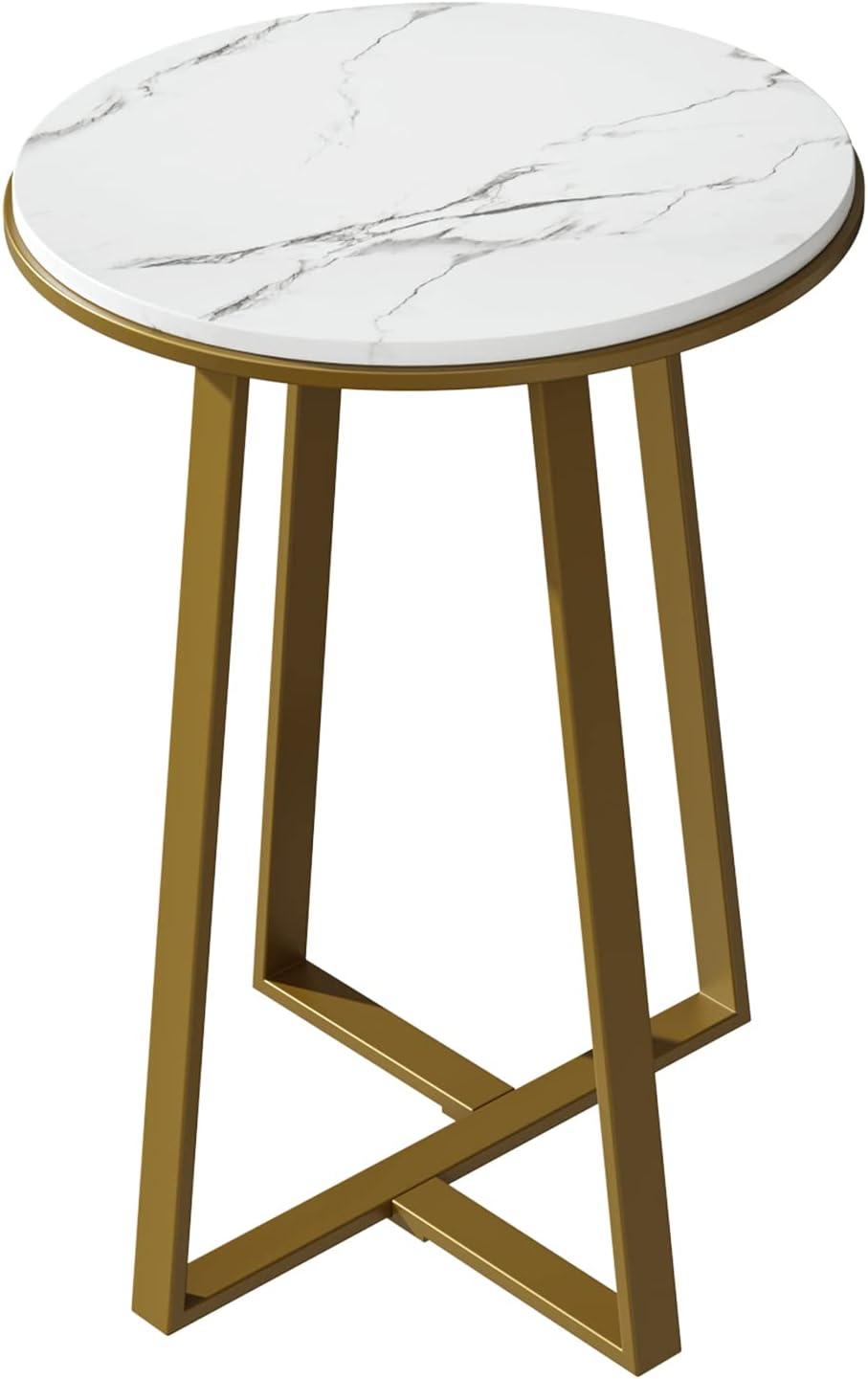 Round Small End Table White Marble Texture MDF Top,Metal Frame Gold Color, Tall Coffee Tea End Table for Bed Room, Living Room (White Marble+Gold)