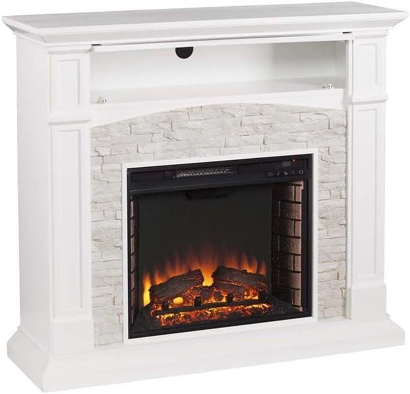 Crisp White Faux Stone Electric Fireplace TV Stand