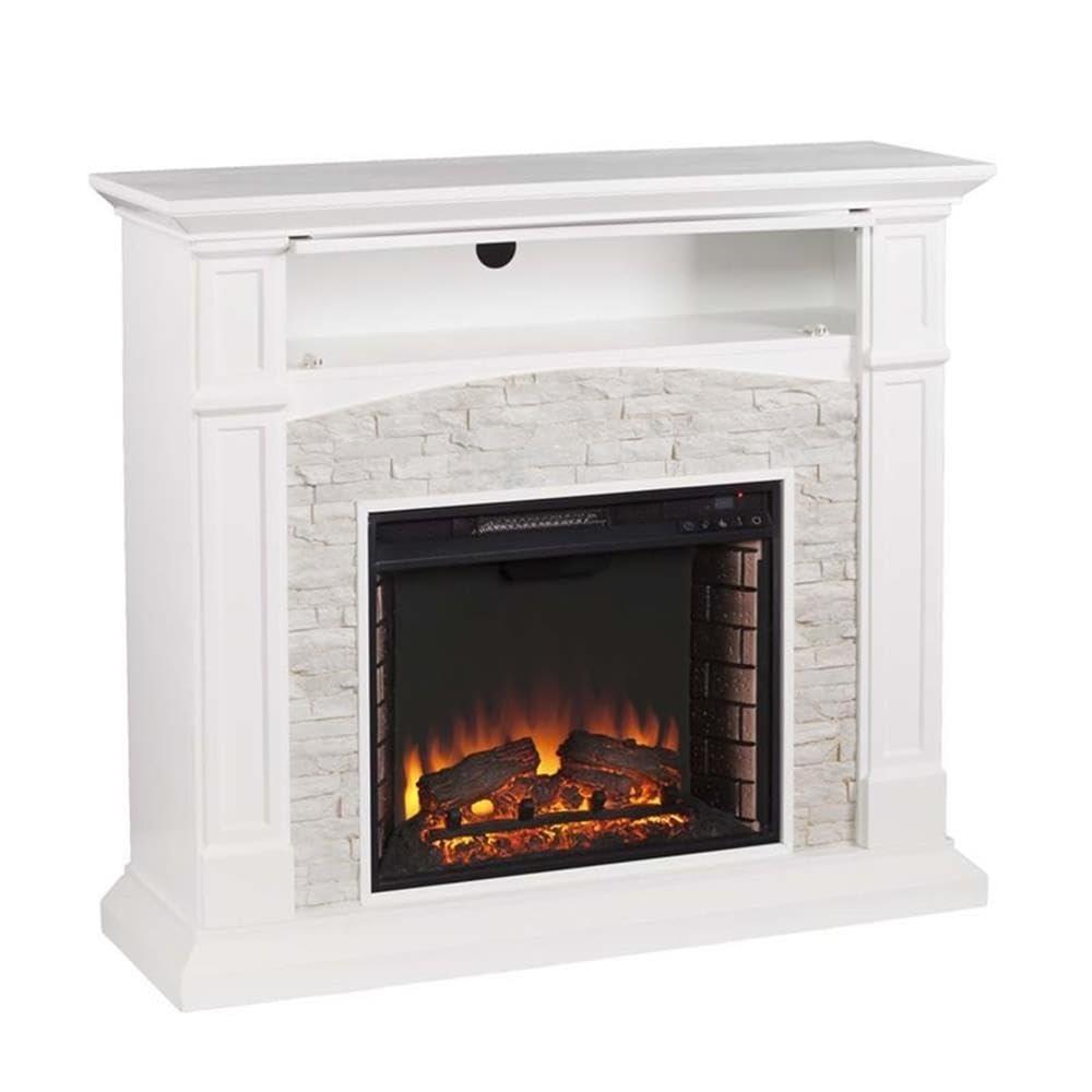 Crisp White Faux Stone Electric Fireplace TV Stand