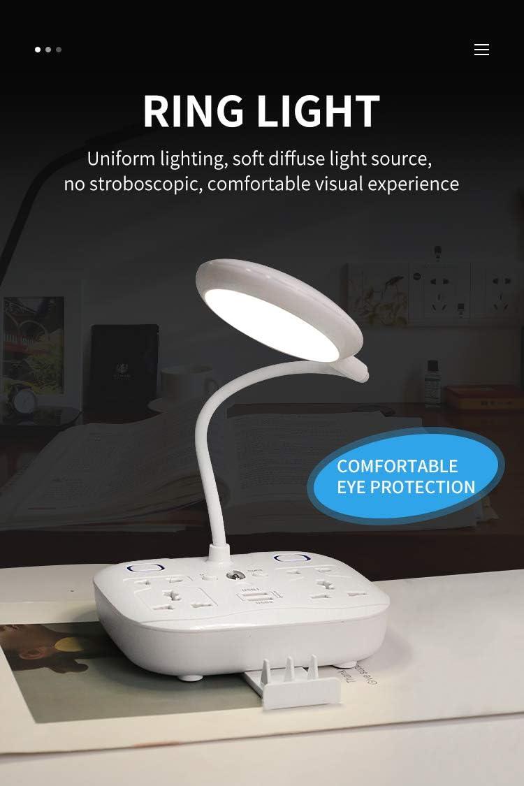 LED Desk Lamp, Adjustable Table Light with Remote Control, Eye-Caring Dimmable Office Lamp with 2 USB Charging Ports, 4 AC Power Outlets, Phone Stand, Multi Brightness Levels (White)