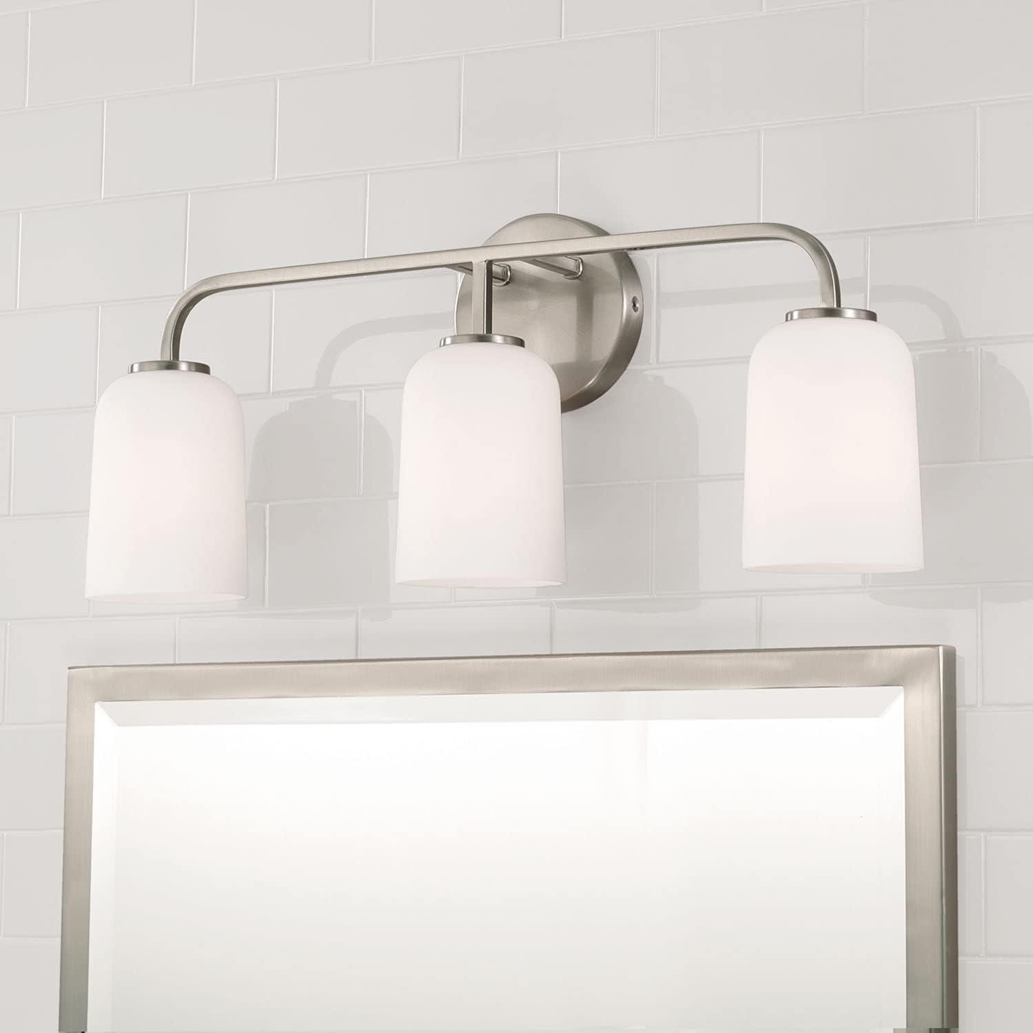 Brushed Nickel 3-Light Vanity with Soft White Glass Shades