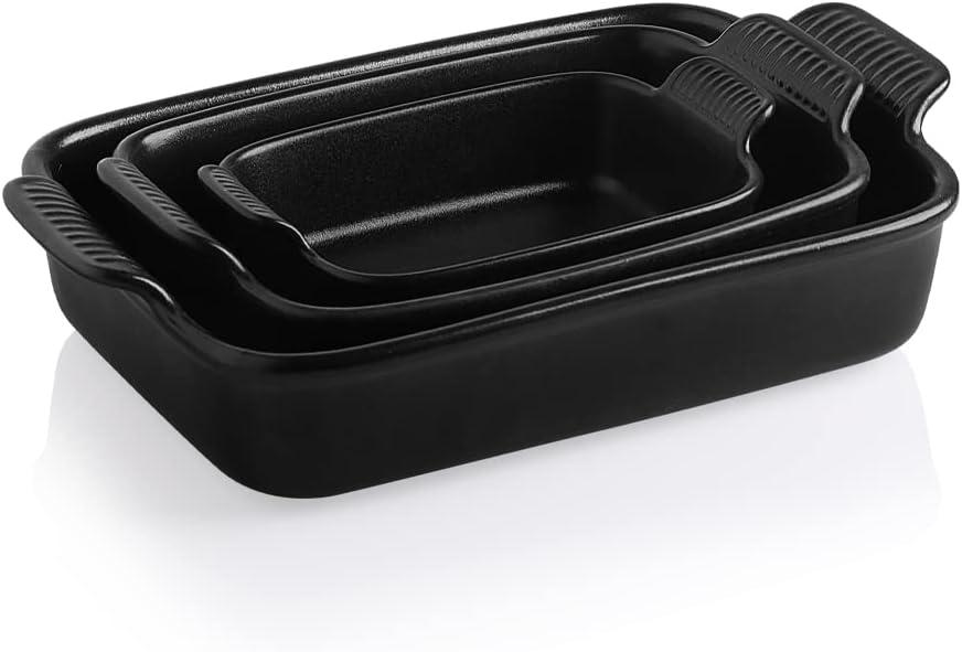 SWEEJAR Rectangular Ceramic Bakeware Set, Non-Stick Roasting Pan with Handles Baking Dishes,Casserole Pans for Cake Dinner, Set of 3 - Navy