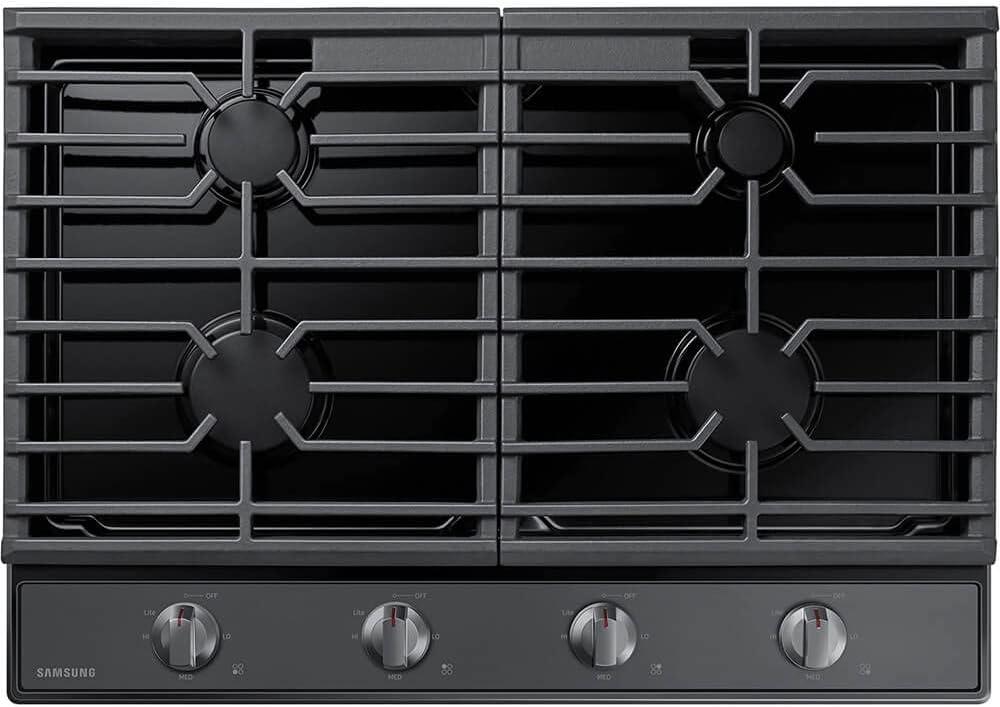 30" Black Stainless Steel 4-Burner Gas Cooktop with Cast Iron Grates