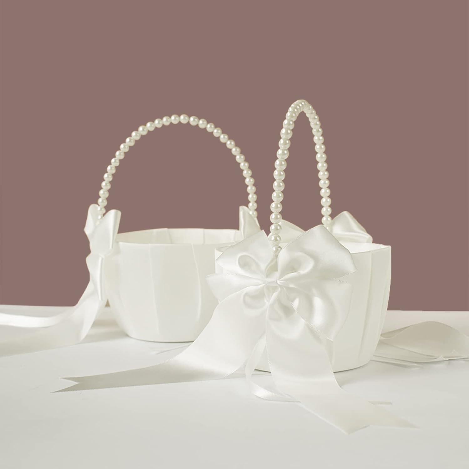 2 PCS Flower Girl Baskets Set- Cute Cherish Wedding Flower Baskets (Ivory)