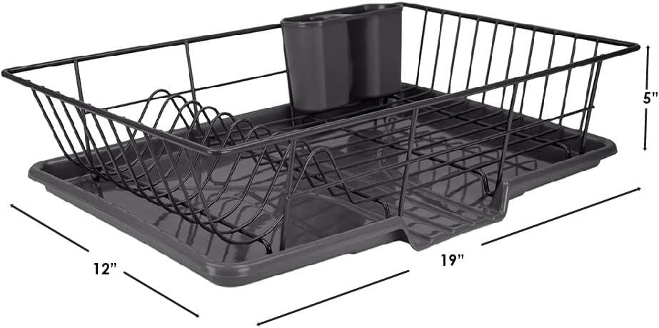 Home Basics Dish Drying Rack (Black) Dish Drainers for Kitchen Counter | with Sloping Tray and Utensil Holder | Big Dish Drying Rack