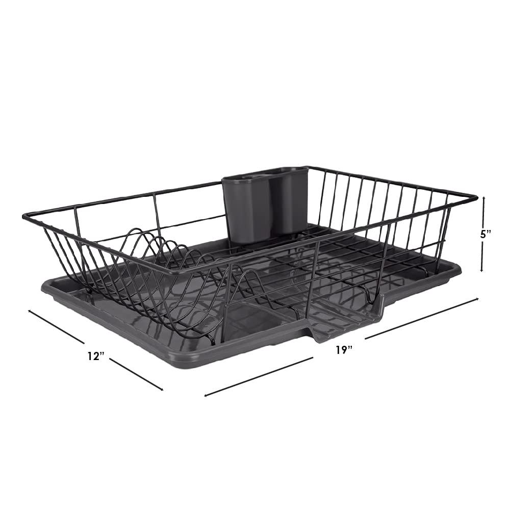 Home Basics Dish Drying Rack (Black) Dish Drainers for Kitchen Counter | with Sloping Tray and Utensil Holder | Big Dish Drying Rack
