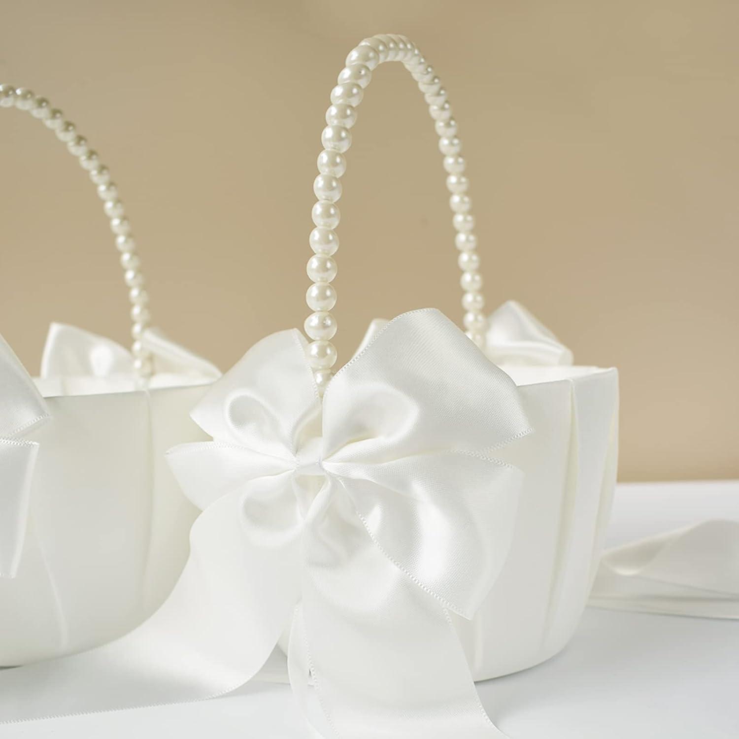 2 PCS Flower Girl Baskets Set- Cute Cherish Wedding Flower Baskets (Ivory)
