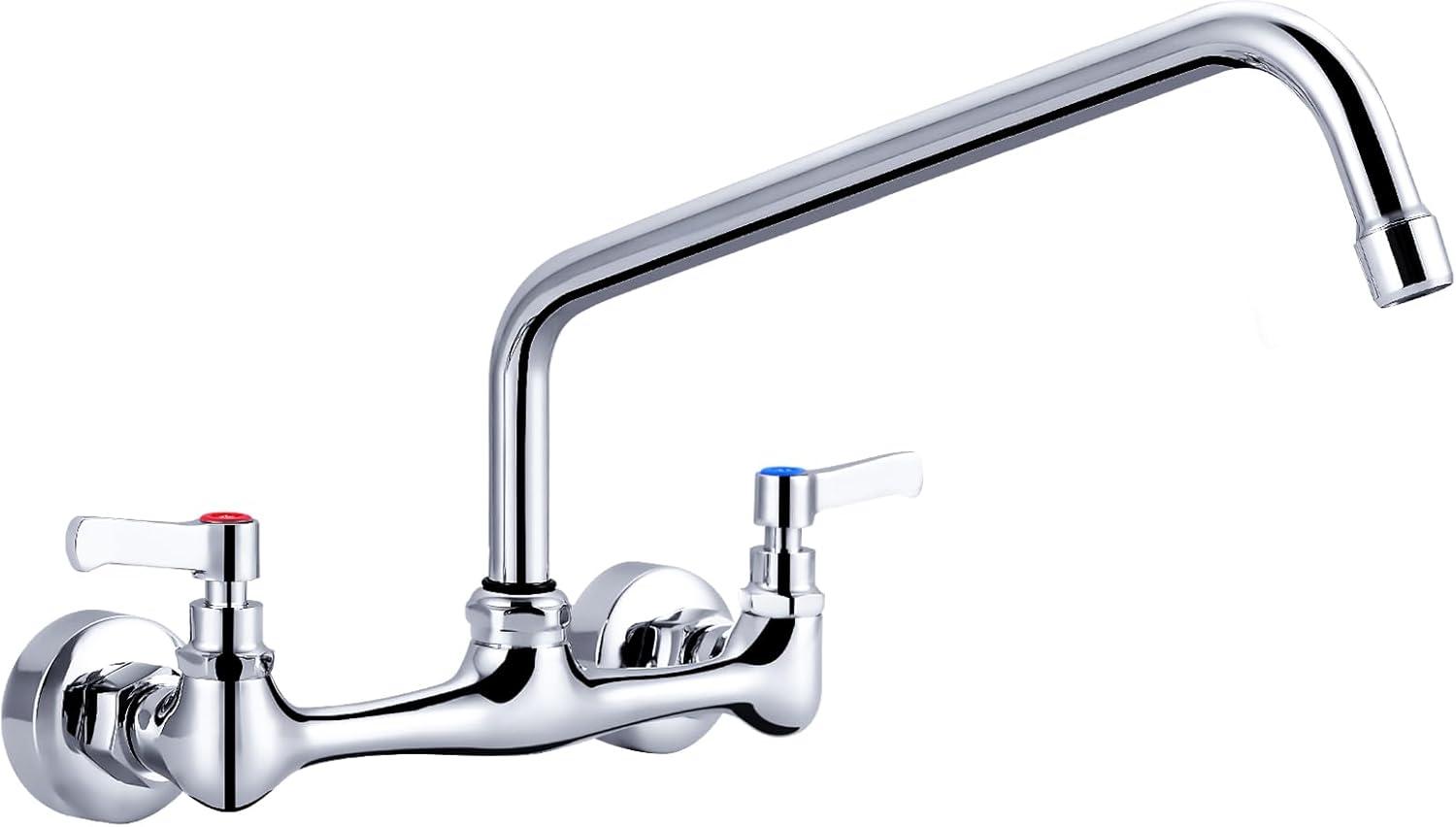 Chrome Wall Mounted Double Handle Kitchen Faucet with 12" Swivel Spout