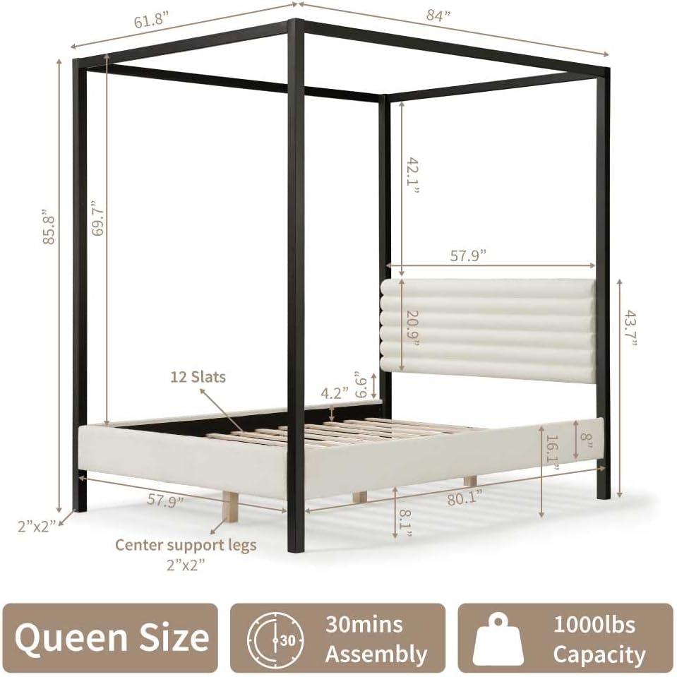 HOMES: Inside + Out Queen Aquis Canopy Platform Bed with Boucle Upholstered Headboard White