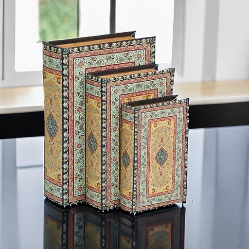 Deco 79 Canvas Decorative Box Storage Book Book Shaped Boxes with Arabesque Pattern and Gold Page Inspired Detail, Set of 3 Decorative Keepsake Boxes 12, 10, 8" H, Multi Colored