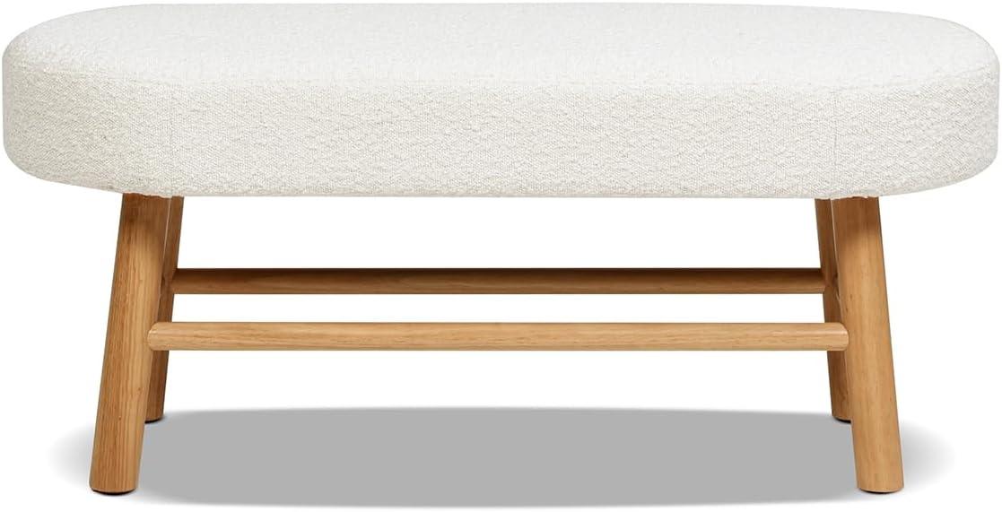 Ivory White Boucle Upholstered Bedroom Bench with Natural Wood Legs